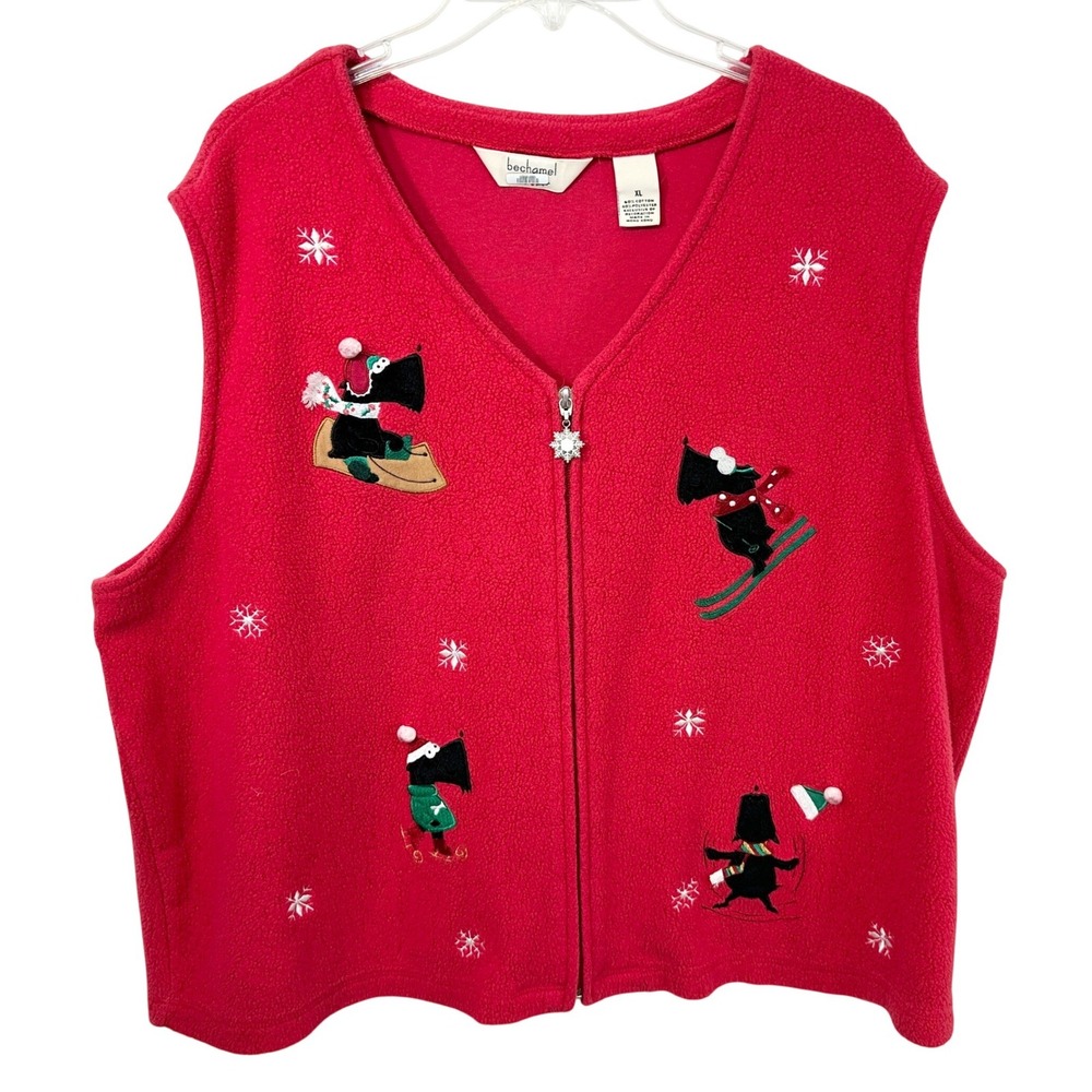 Bechamel XL Christmas Vest Red Fleece Scottie Dog Embroidered Full Zip VTG 1131